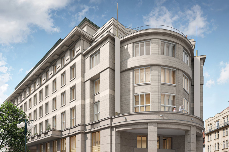Architektonická vizualizace Trinity Paláce – pohled na nároží