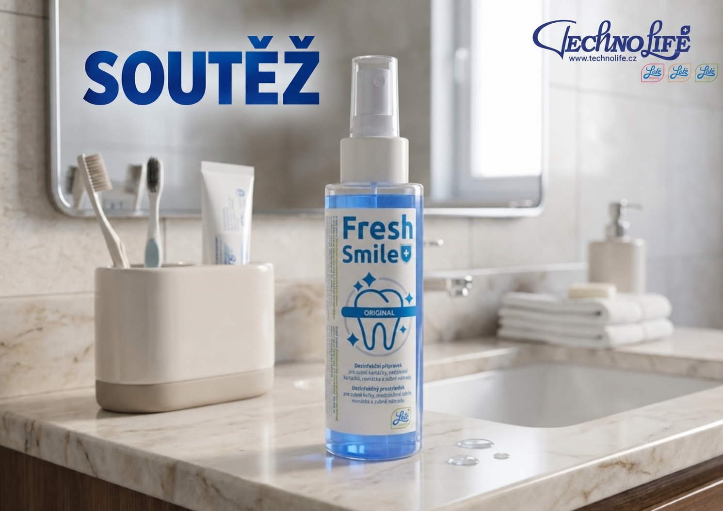 Soutěž s Fresh Smile: lahvička spreje v koupelně s modrým nadpisem SOUTĚŽ